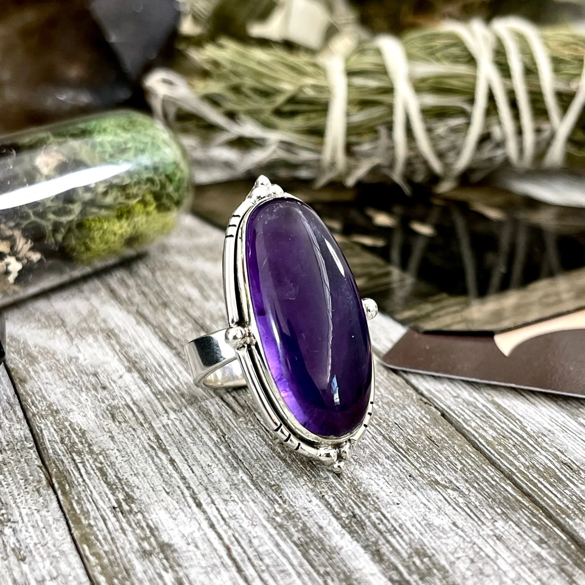 Purple Amethyst Oval Crystal Statement Ring in Sterling Silver - Designed by FOXLARK Collection Adjustable to Size 6 7 8 9