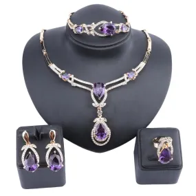 Purple Cubic Zirconia and Crystal Necklace, Bracelet, Earrings & Ring Wedding Statement Jewelry Set