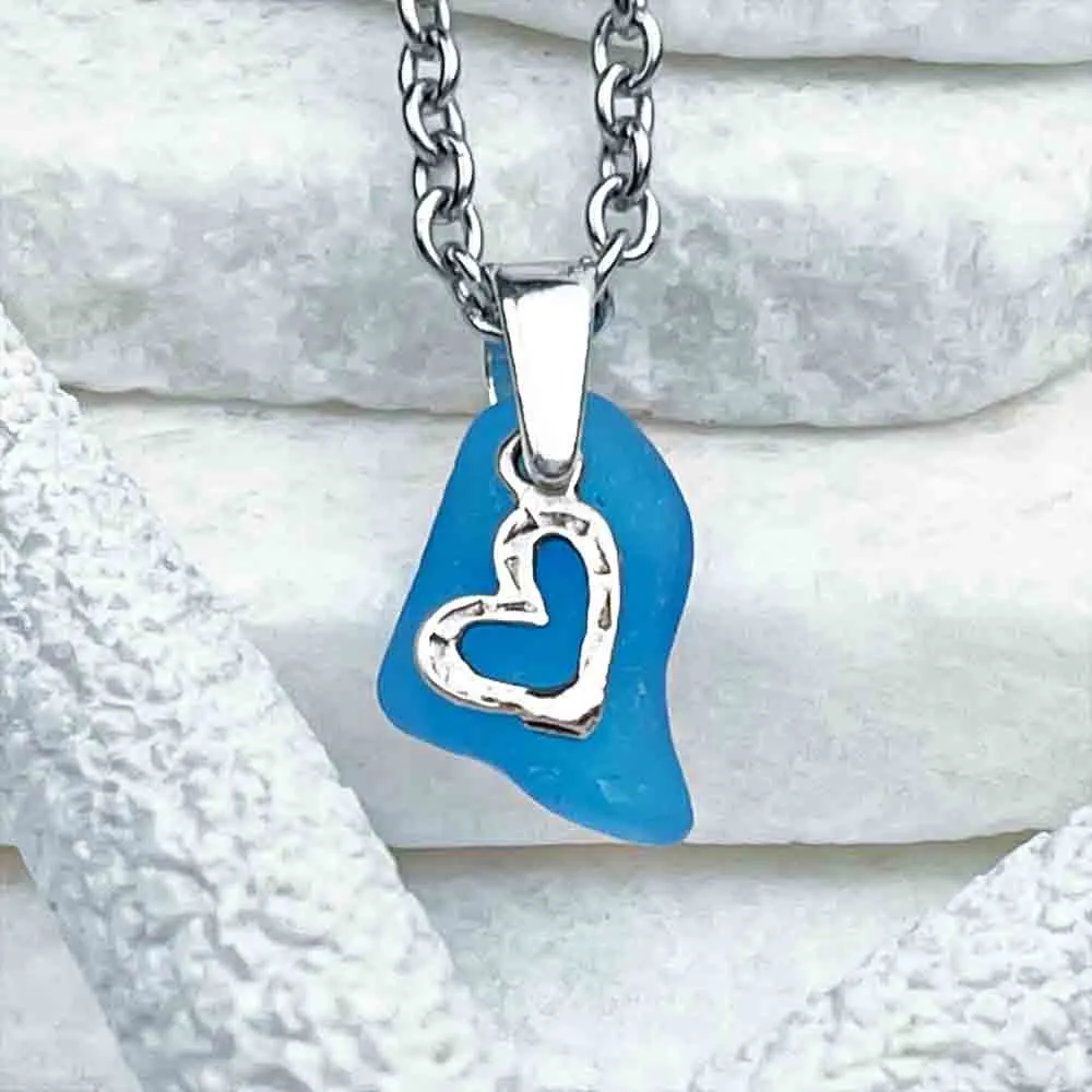 Rare, Electrifying Turquoise Sea Glass Pendant with Heart Charm  | #1715