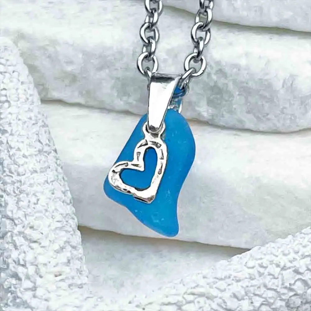 Rare, Electrifying Turquoise Sea Glass Pendant with Heart Charm  | #1715