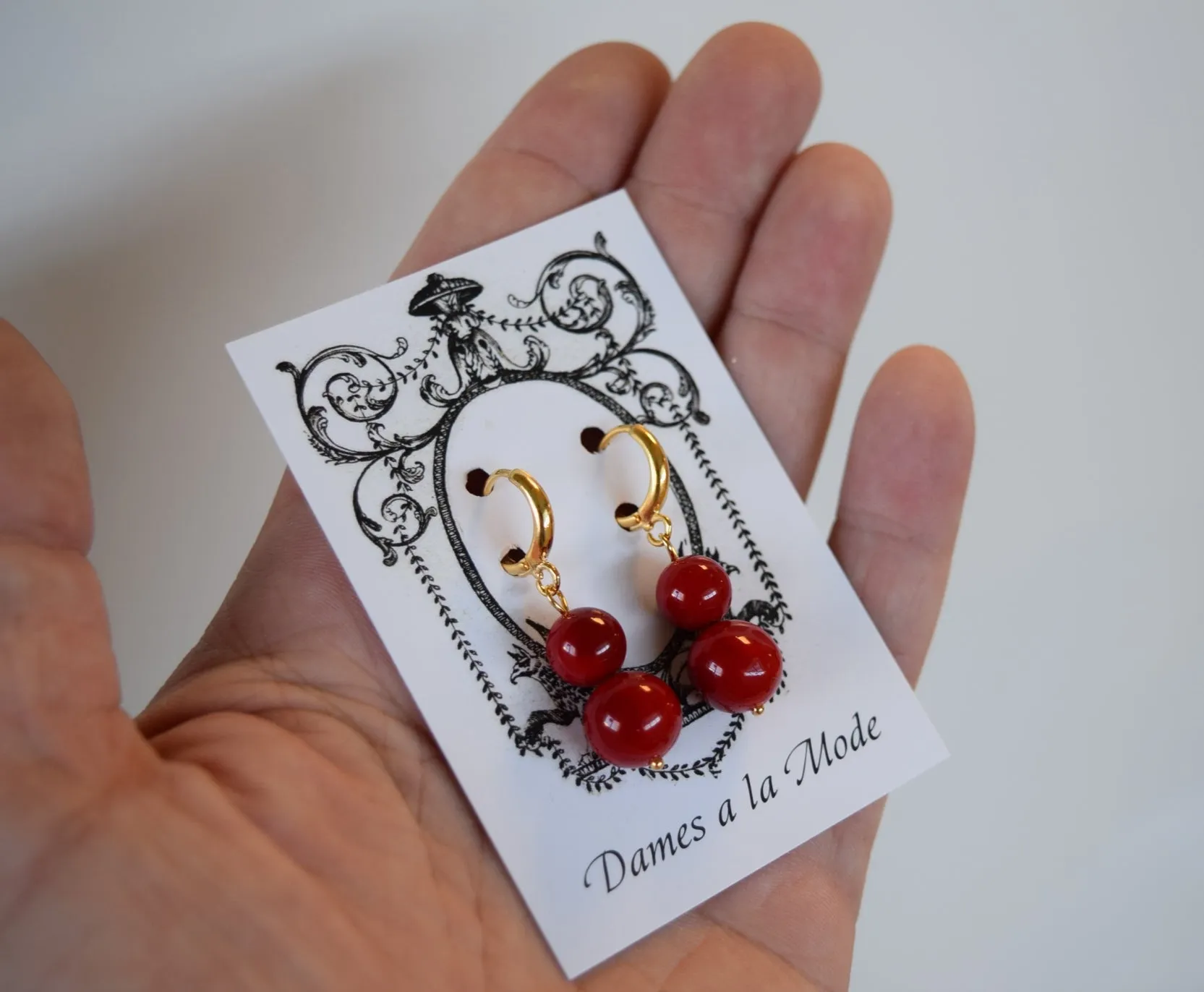 Red Coral Shell Pearl Ball Earrings