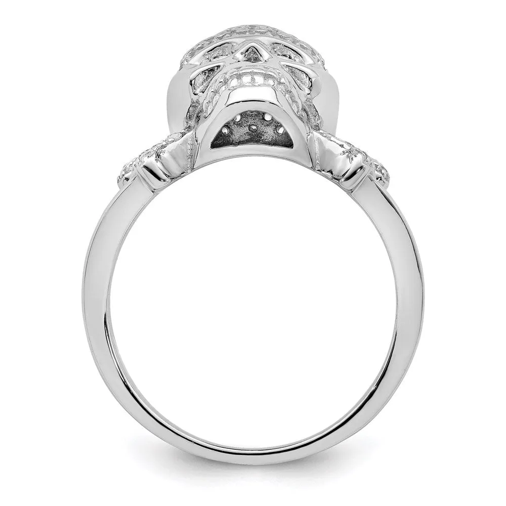 Rhodium-Plated & CZ Skull Ring in Sterling Silver