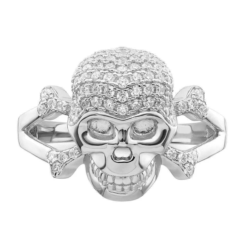 Rhodium-Plated & CZ Skull Ring in Sterling Silver