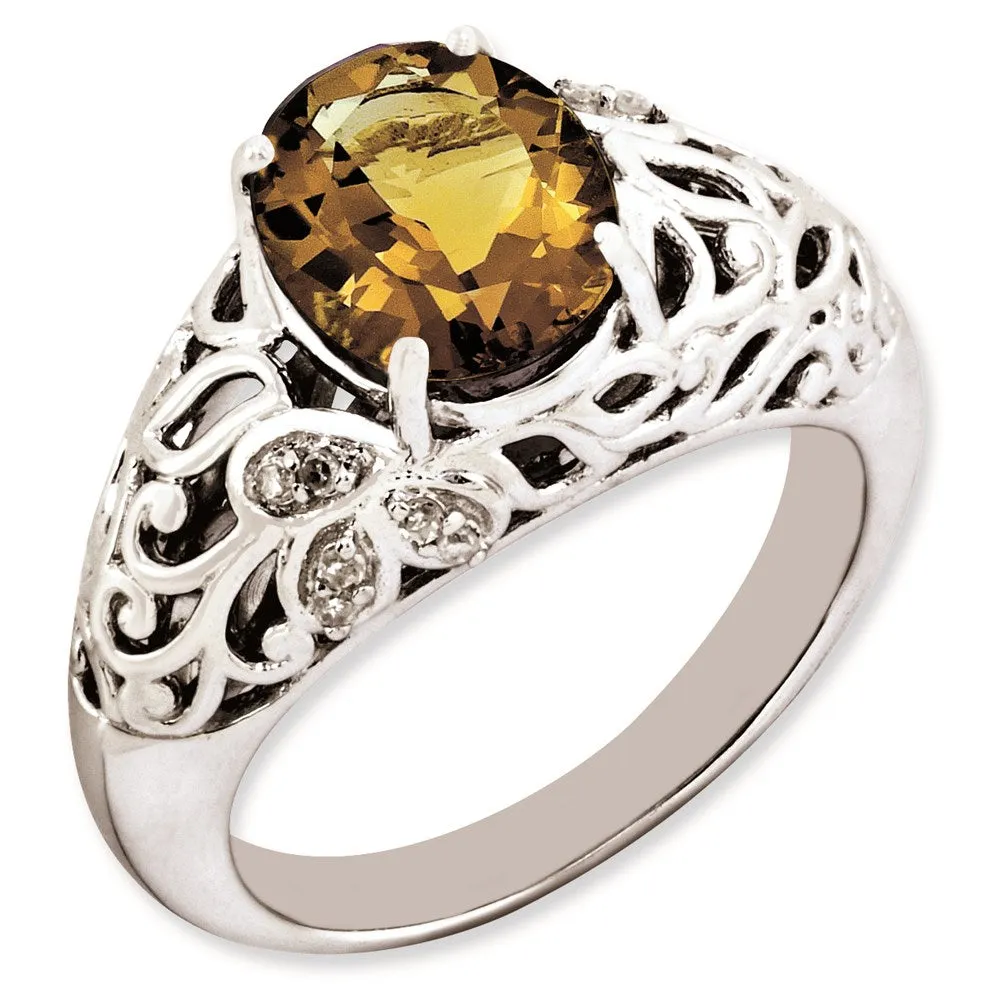 Rhodium-Plated Oval Whiskey Quartz & Diamond Ring in Sterling Silver