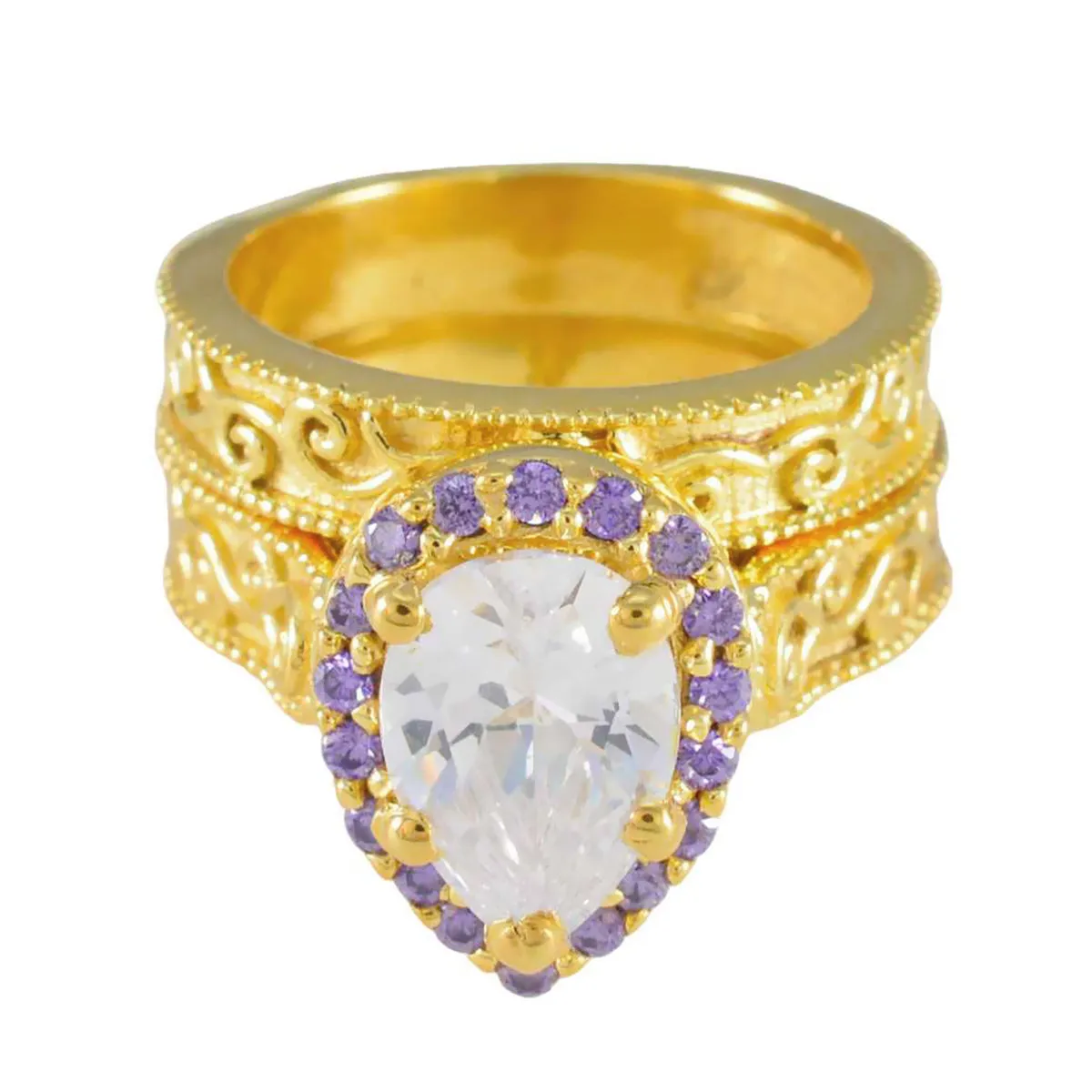 Riyo Excellent Silver Ring With Yellow Gold Plating Amethyst Stone Pear Shape Prong Setting Stylish Jewelry Birthday Ring