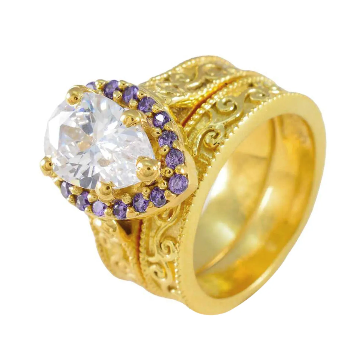 Riyo Excellent Silver Ring With Yellow Gold Plating Amethyst Stone Pear Shape Prong Setting Stylish Jewelry Birthday Ring