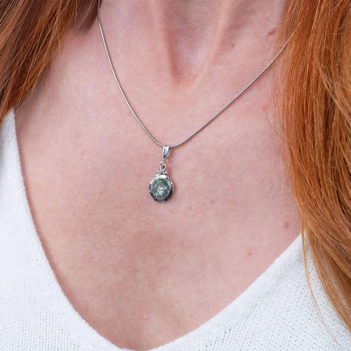 Roman Glass Small Round Pendant with Patina in Hammered Sterling Silver