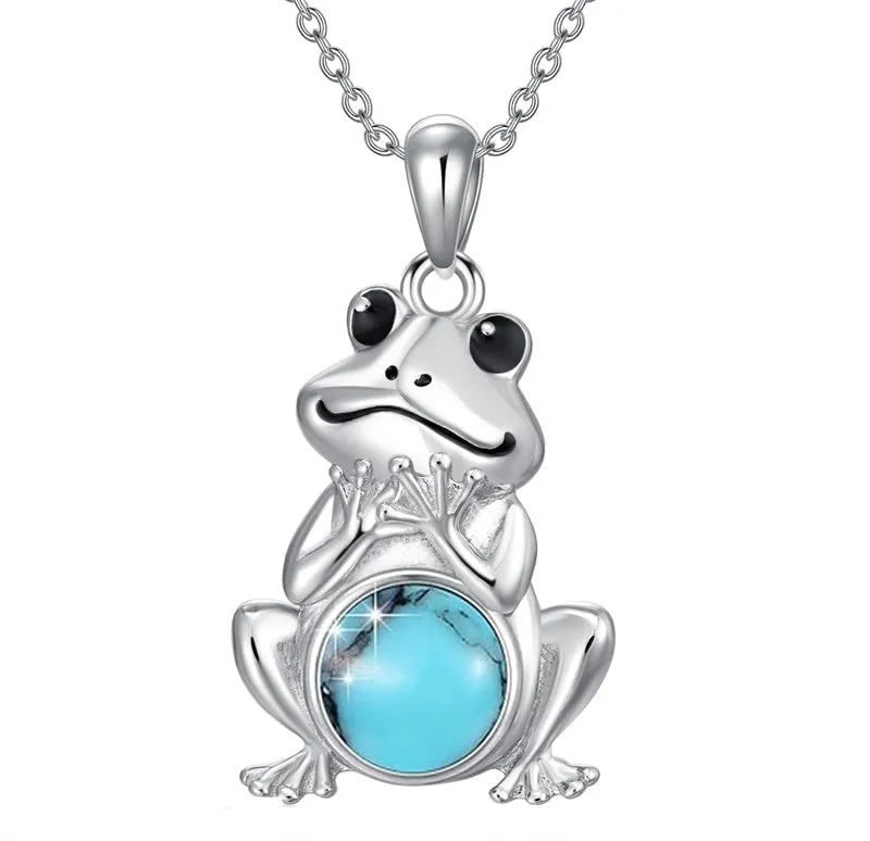 S925 Sterling Silver Frog Necklace for Women Cute Frog Stuff Real Opal/Turquoise/Moonstone/Moss Agate Necklace Pendant Good Luck Gift