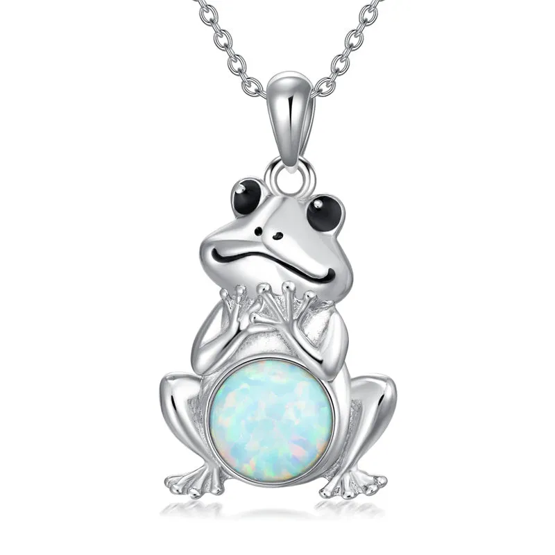 S925 Sterling Silver Frog Necklace for Women Cute Frog Stuff Real Opal/Turquoise/Moonstone/Moss Agate Necklace Pendant Good Luck Gift