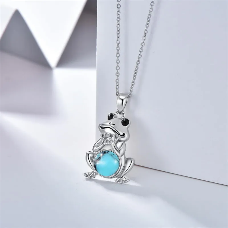 S925 Sterling Silver Frog Necklace for Women Cute Frog Stuff Real Opal/Turquoise/Moonstone/Moss Agate Necklace Pendant Good Luck Gift