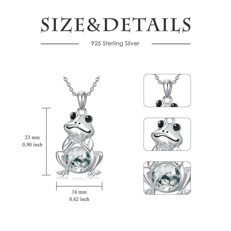 S925 Sterling Silver Frog Necklace for Women Cute Frog Stuff Real Opal/Turquoise/Moonstone/Moss Agate Necklace Pendant Good Luck Gift