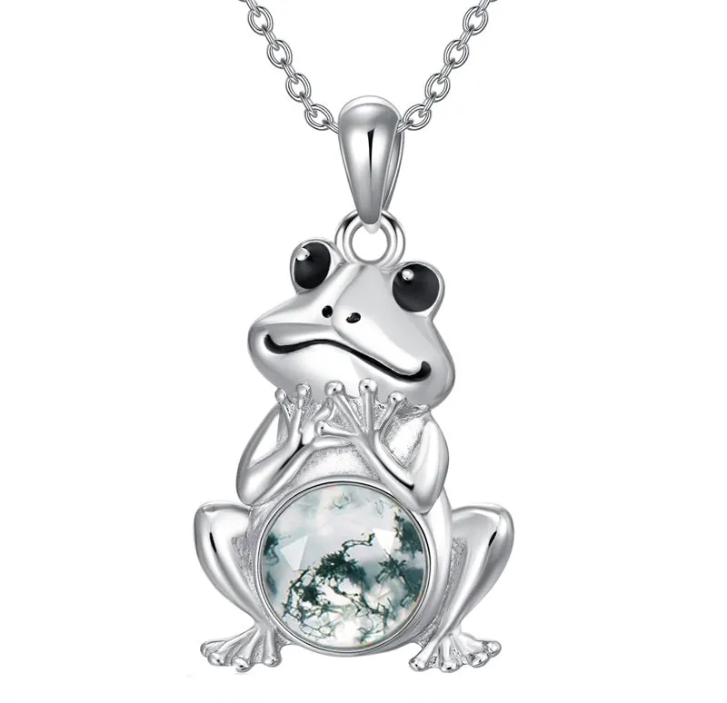 S925 Sterling Silver Frog Necklace for Women Cute Frog Stuff Real Opal/Turquoise/Moonstone/Moss Agate Necklace Pendant Good Luck Gift