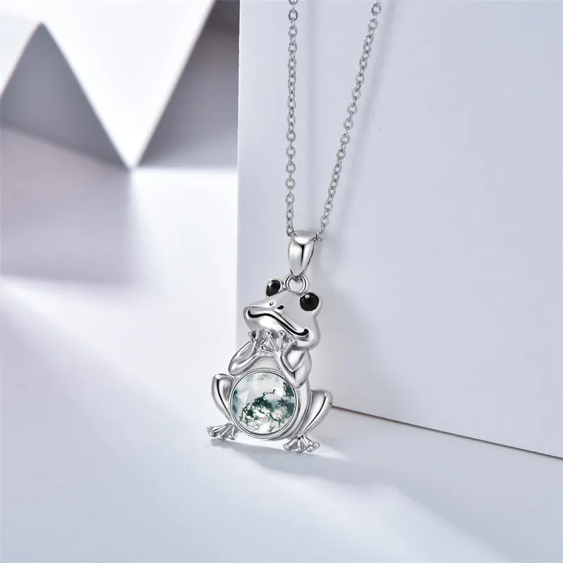 S925 Sterling Silver Frog Necklace for Women Cute Frog Stuff Real Opal/Turquoise/Moonstone/Moss Agate Necklace Pendant Good Luck Gift