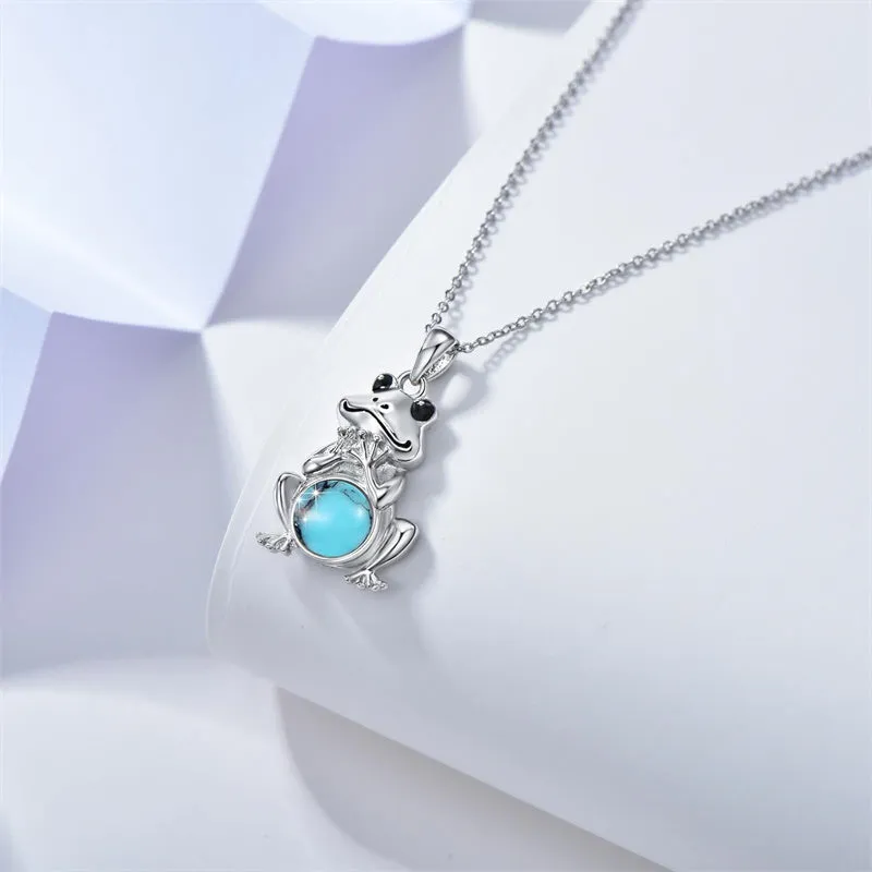 S925 Sterling Silver Frog Necklace for Women Cute Frog Stuff Real Opal/Turquoise/Moonstone/Moss Agate Necklace Pendant Good Luck Gift