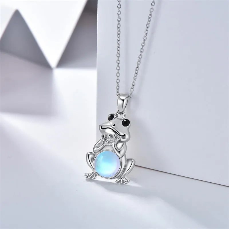 S925 Sterling Silver Frog Necklace for Women Cute Frog Stuff Real Opal/Turquoise/Moonstone/Moss Agate Necklace Pendant Good Luck Gift