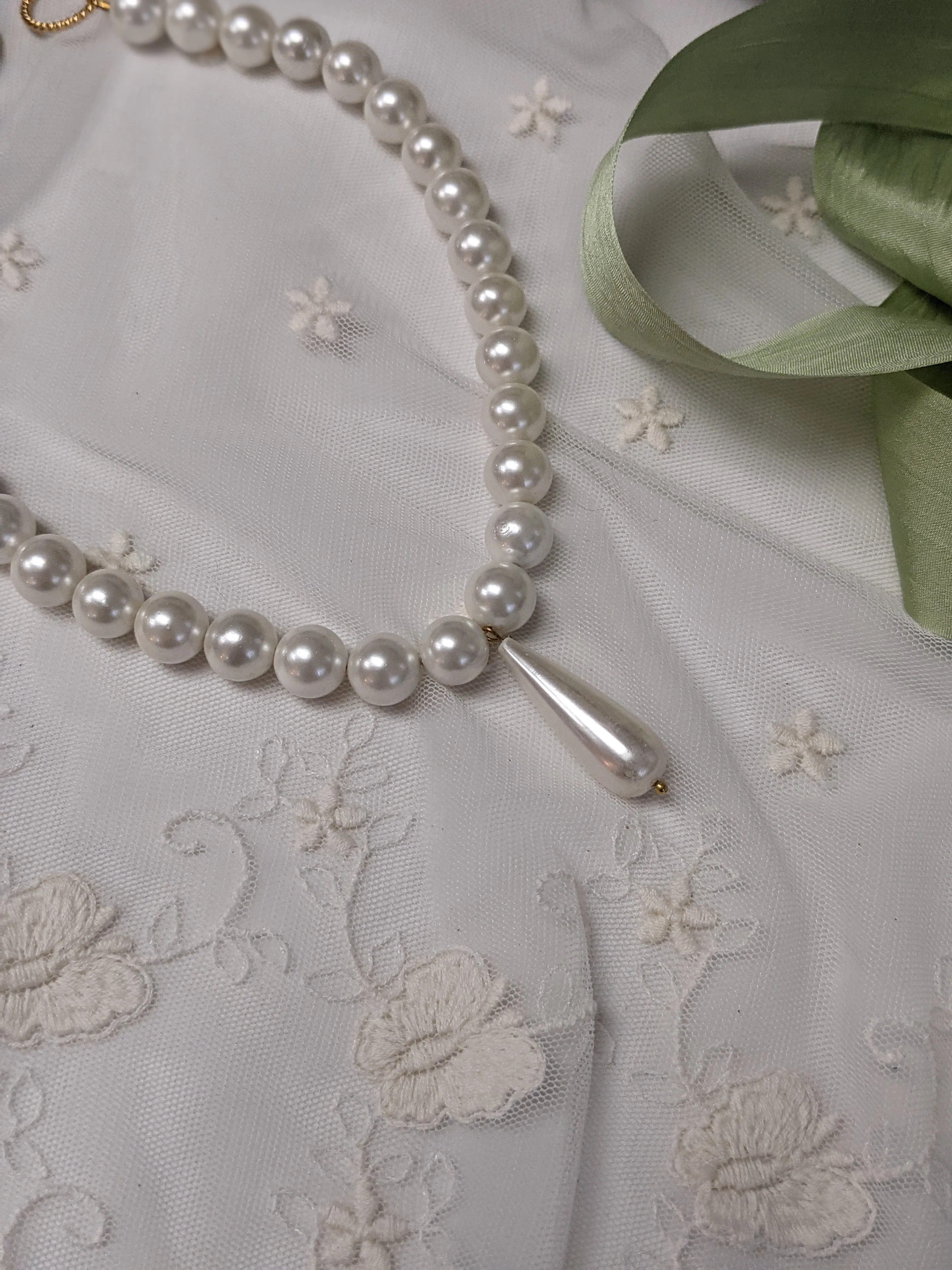 Shell Pearl Necklace - Single Strand with Long Teardrop