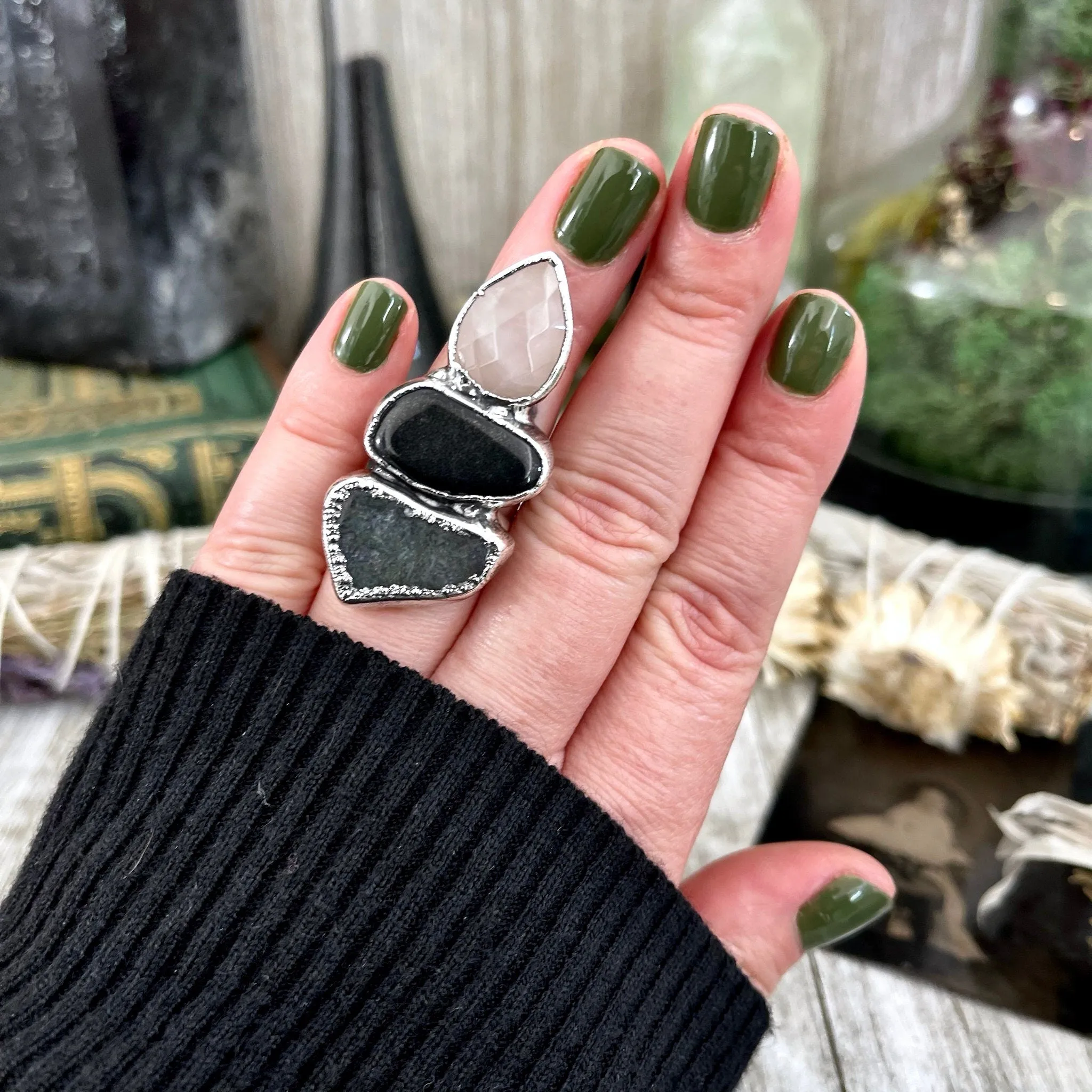 Size 6 Crystal Ring - Three Stone Ring Black Onyx Rose Quartz Moss Agate Ring Silver / Foxlark Collection - One of a Kind