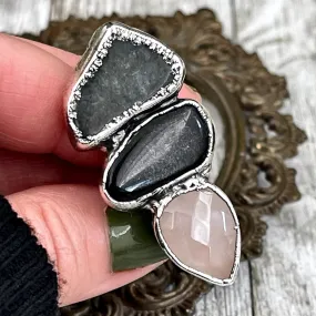 Size 6 Crystal Ring - Three Stone Ring Black Onyx Rose Quartz Moss Agate Ring Silver / Foxlark Collection - One of a Kind