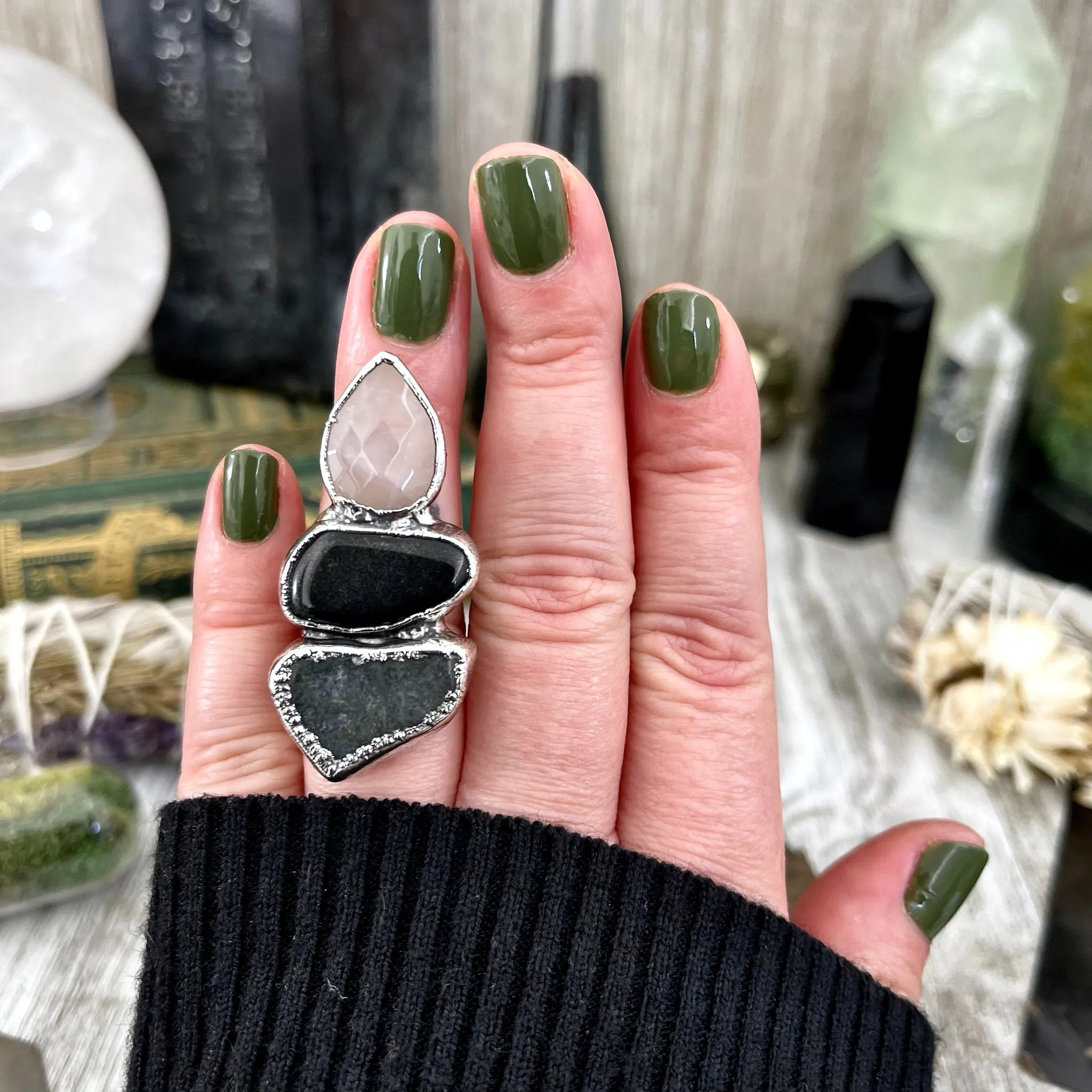 Size 6 Crystal Ring - Three Stone Ring Black Onyx Rose Quartz Moss Agate Ring Silver / Foxlark Collection - One of a Kind