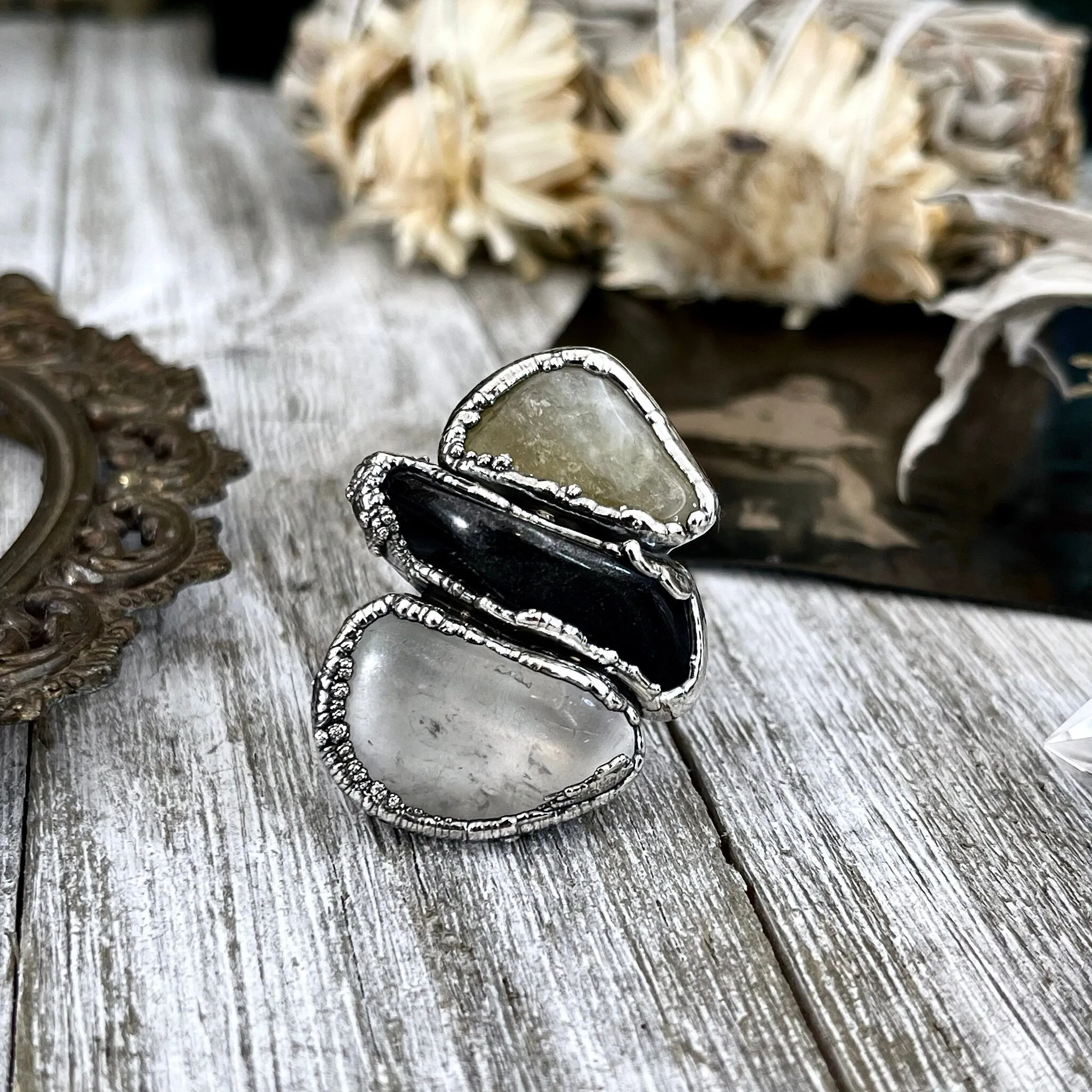 Size 7 Crystal Ring - Three Stone Black Onyx Yellow Citrine & Quartz Silver Ring / Foxlark Collection - One of a Kind