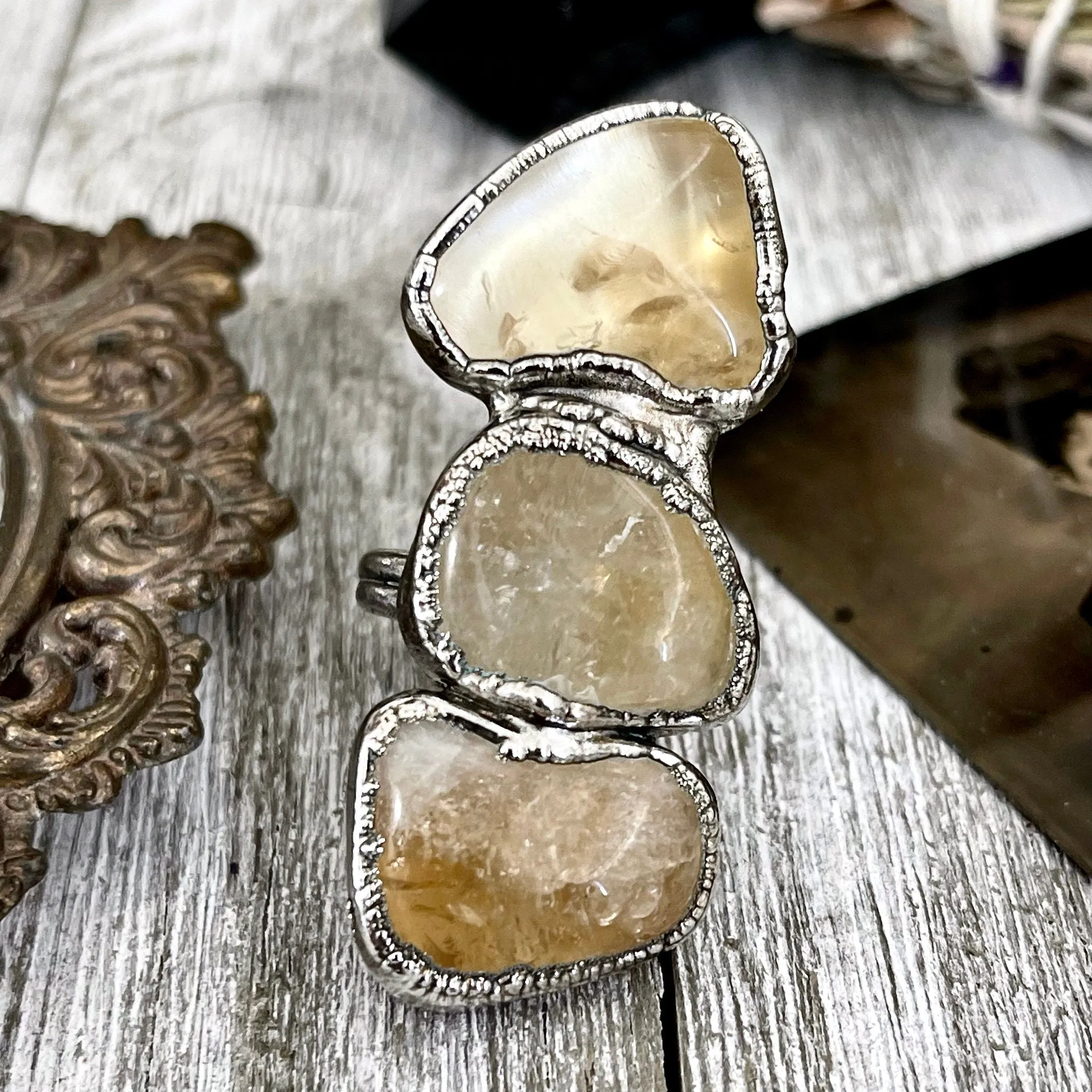 Size 7 Crystal Ring - Three Stone Yellow Citrine Ring in Silver / Foxlark Collection - One of a Kind