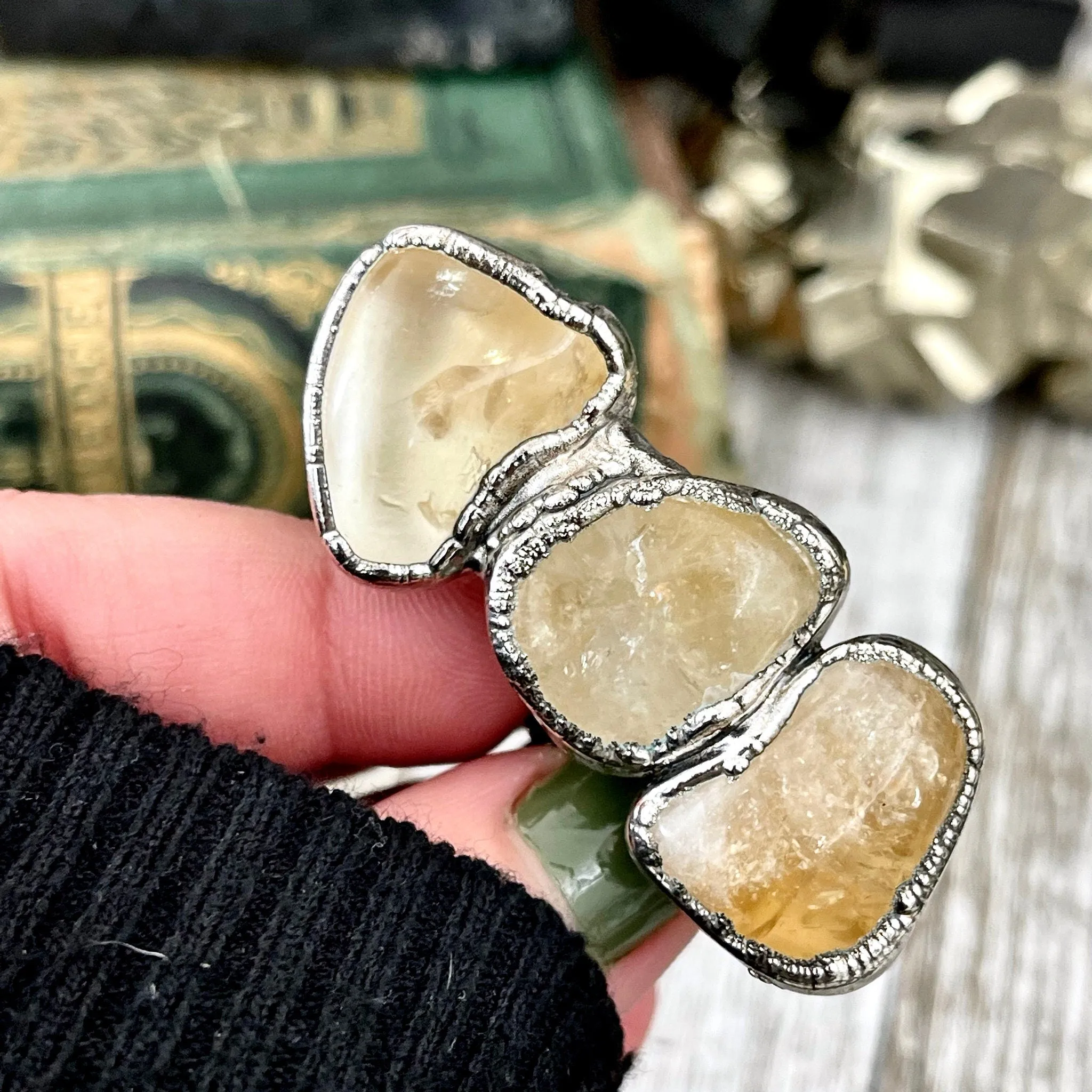 Size 7 Crystal Ring - Three Stone Yellow Citrine Ring in Silver / Foxlark Collection - One of a Kind