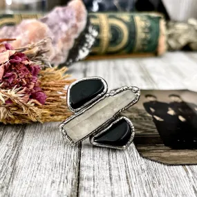 Size 8 Crystal Ring - Three Stone Black Onyx Clear Quartz Ring in Silver / Foxlark Collection - One of a Kind