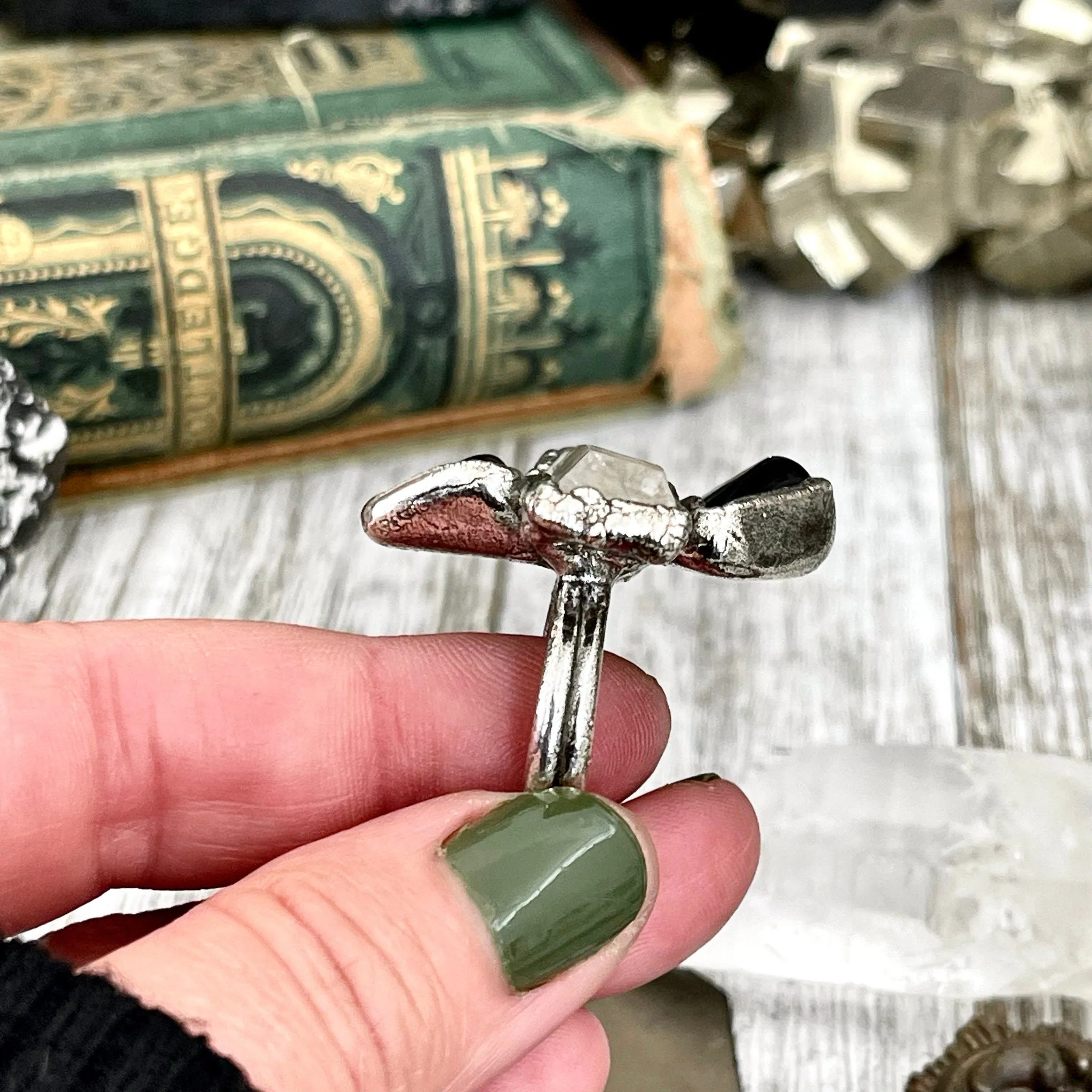 Size 8 Crystal Ring - Three Stone Black Onyx Clear Quartz Ring in Silver / Foxlark Collection - One of a Kind