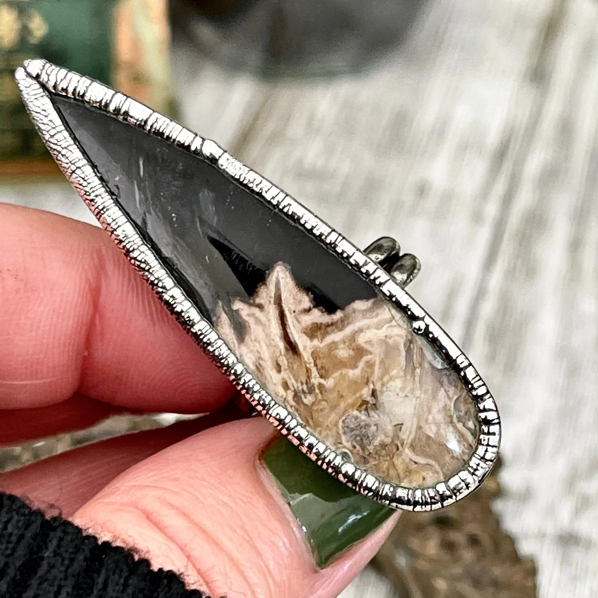 Size 8 Large Fossilized Palm Root Statement Ring in Fine Silver - Black Stone Ring / Foxlark Collection - One of a Kind