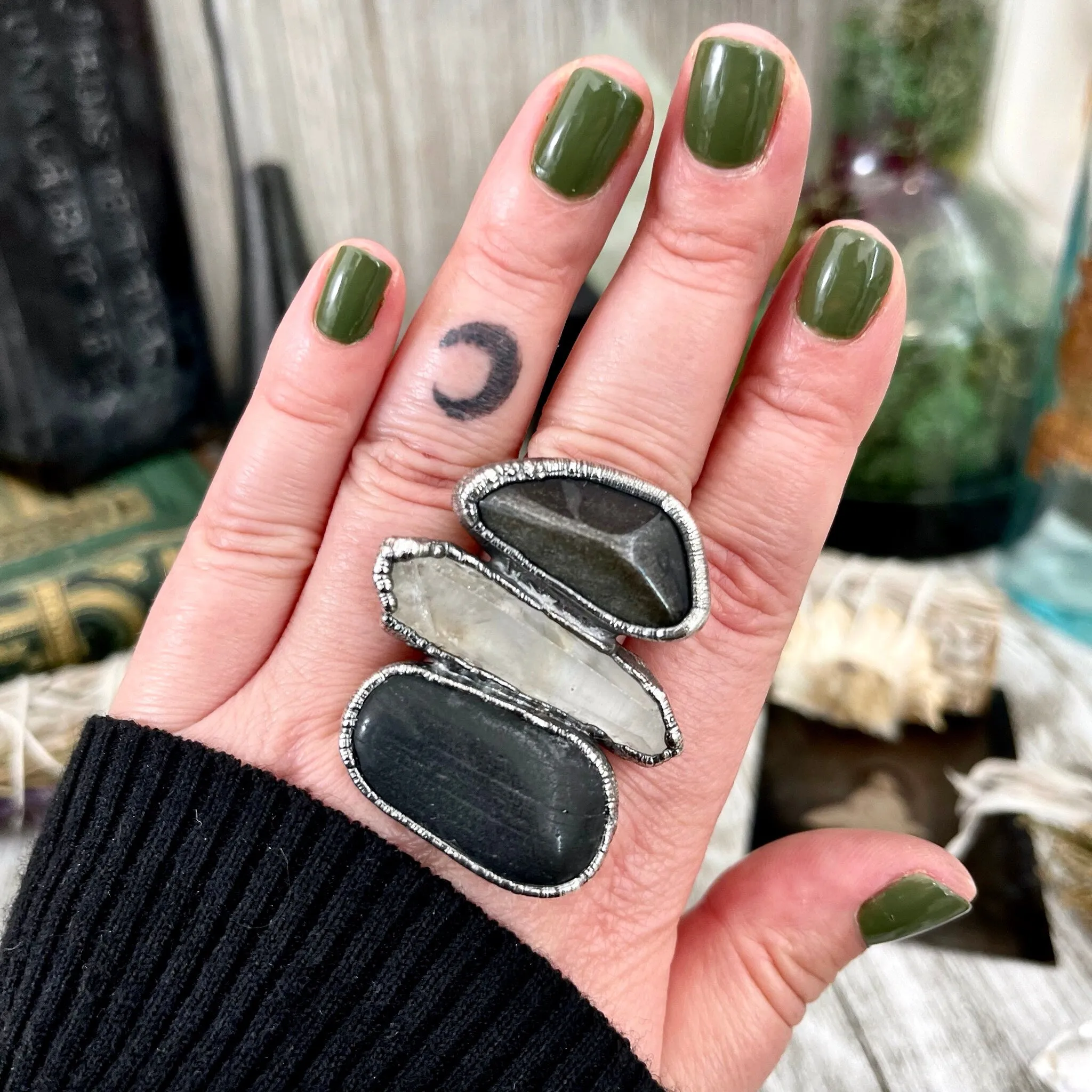 Size 9 Crystal Ring - Three Stone River Rock Raw Quartz Golden Sheen Obsidian Ring in Silver / Foxlark Collection - One of a Kind Jewelry