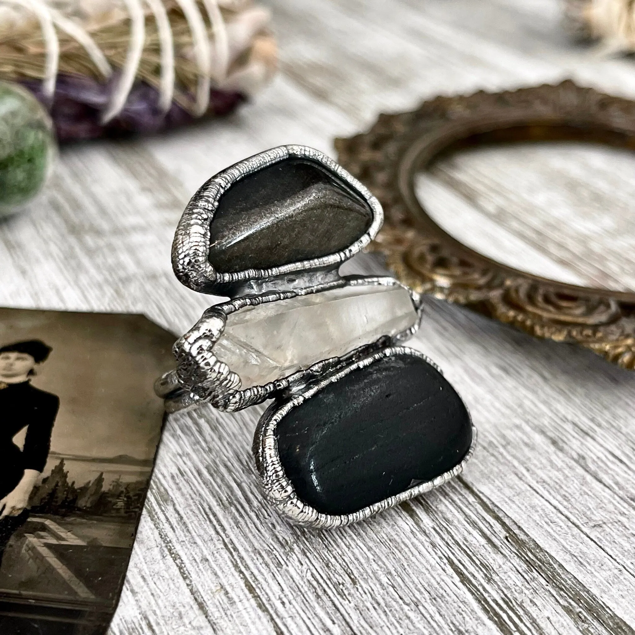 Size 9 Crystal Ring - Three Stone River Rock Raw Quartz Golden Sheen Obsidian Ring in Silver / Foxlark Collection - One of a Kind Jewelry