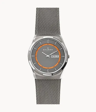 Skagen Melbye Titanium and Gray Steel-Mesh Day-Date Watch SKW6007