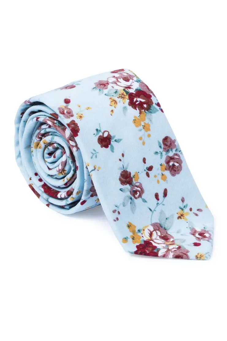 Stephen Floral Print Neck Tie - Light Blue & Wine