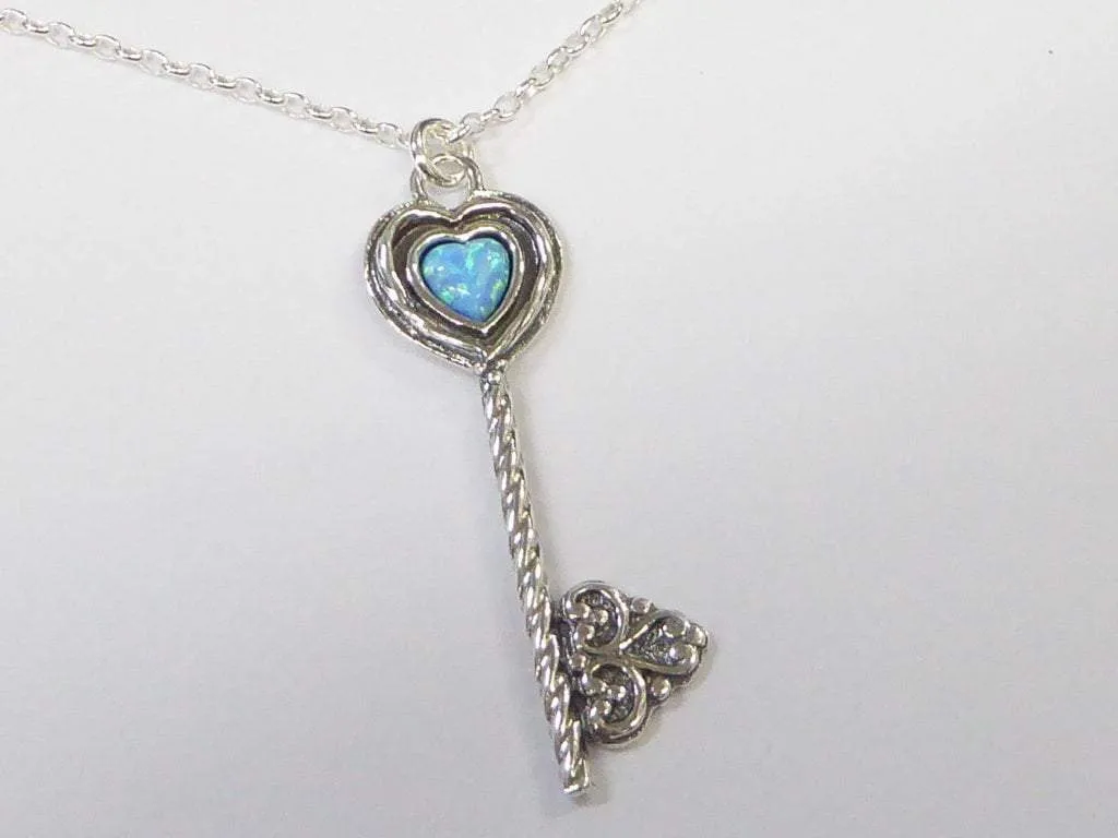 Sterling silver key necklace key pendant with Blue opal