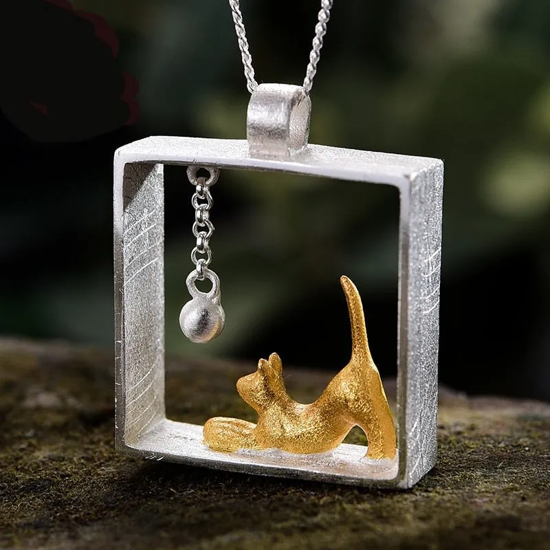 Sterling Silver Picture Frame Cat Playing with Ball Pendant Necklace