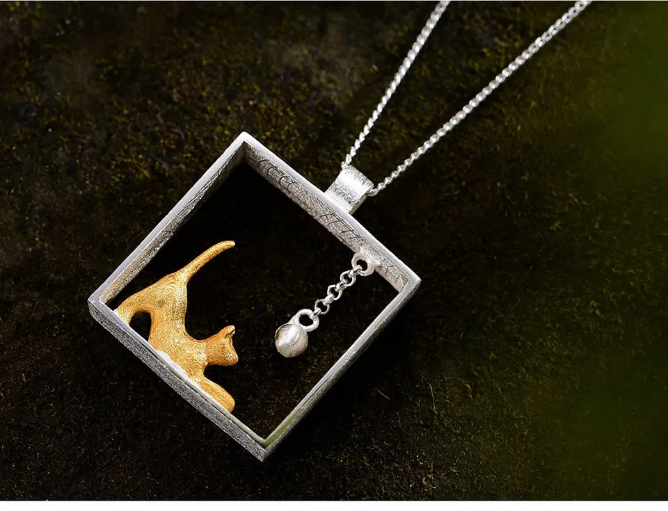 Sterling Silver Picture Frame Cat Playing with Ball Pendant Necklace