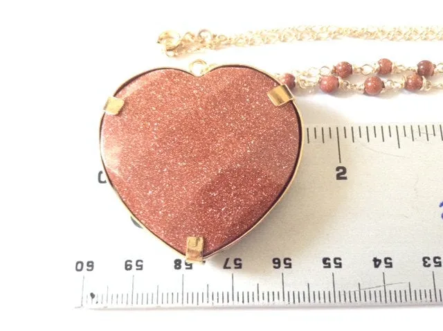 Stone Heart Pendant, Gold Necklace, Heart Necklace, Sparkle Gold Stone Heart Cabochon, Gold Plated Double Stone Heart Pendant, Gift for Her