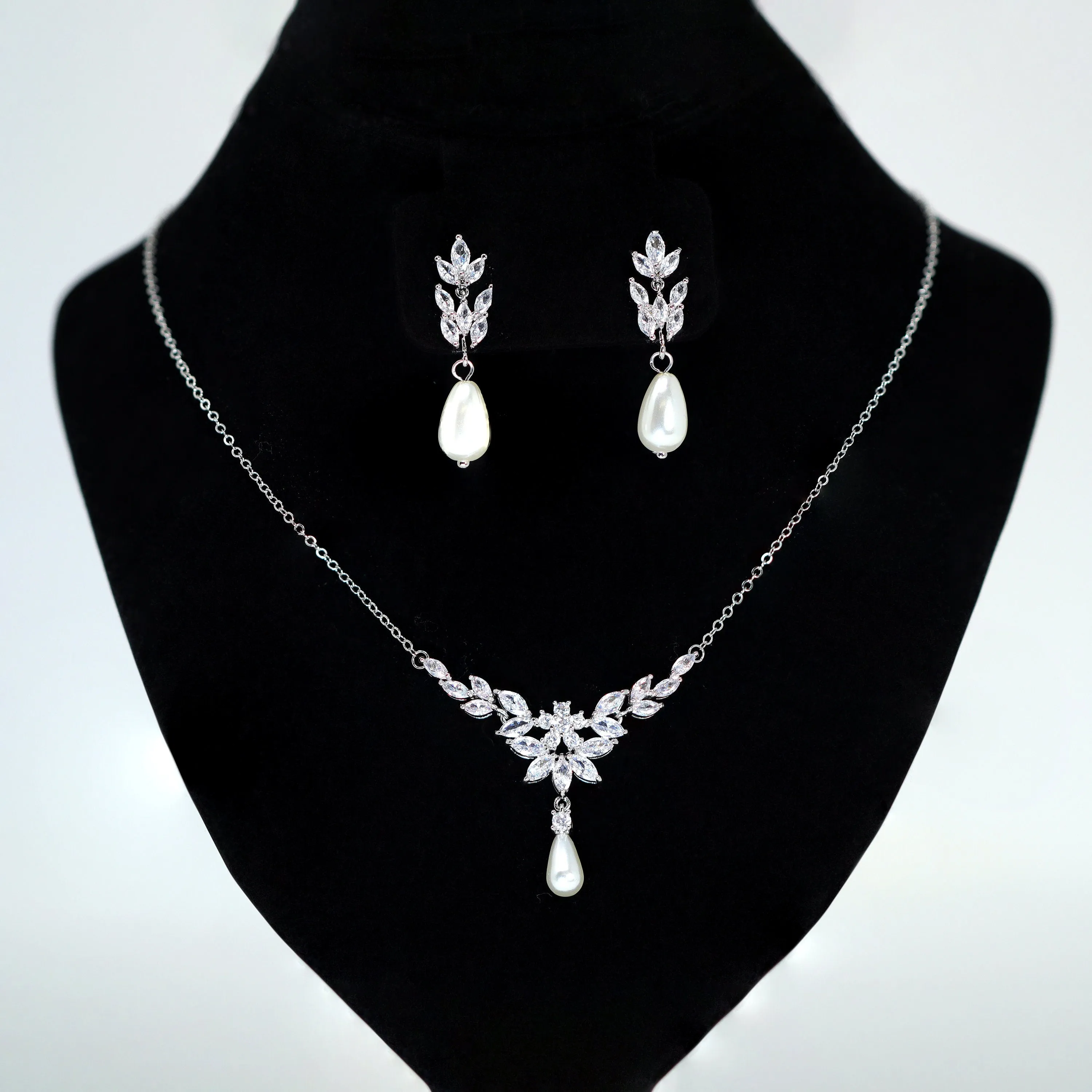 Swarovski Crystal Faux Pearl Drop Vine Leaves Necklace Set, Long Bridal Earrings And Necklace, Statement Earrings Cz