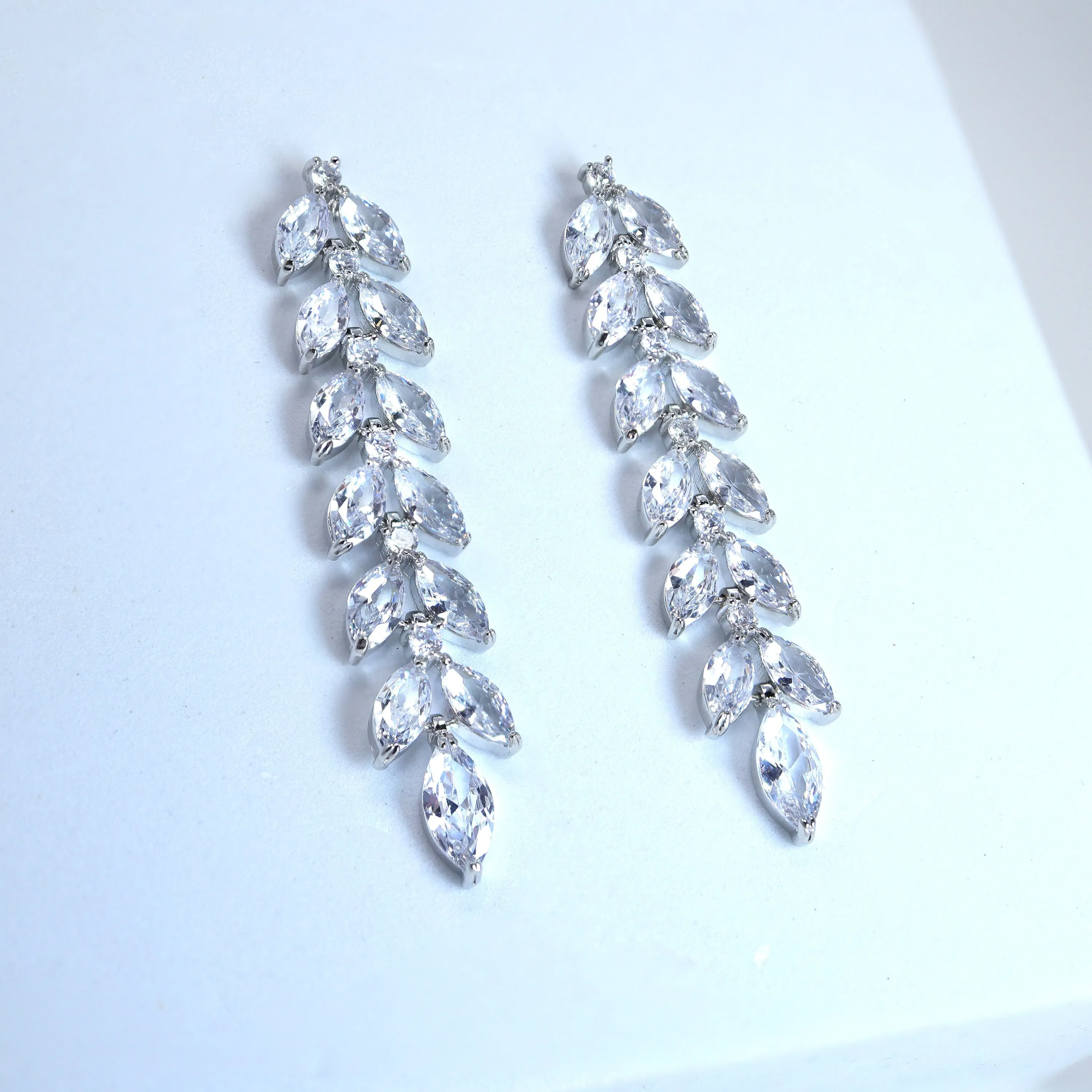 Swarovski Crystal Mystical Leaves Drop Diamond Earrings, Long Bridal Jewelry, Bridal Earrings, Crystal Earrings, Statement Earrings Cz