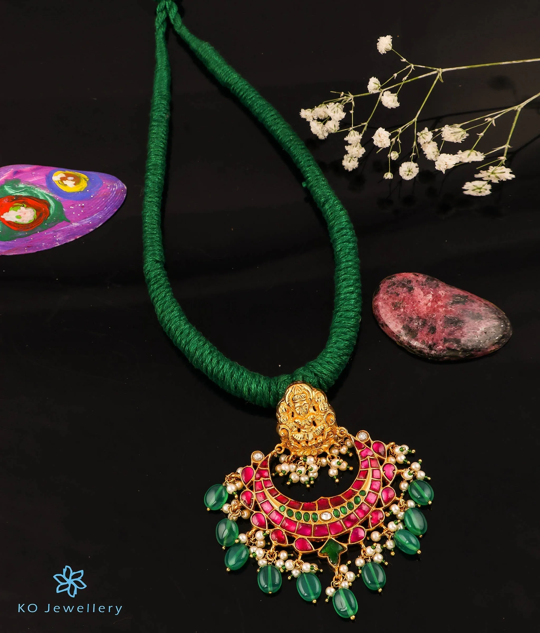 The Sejal Silver Jadau Lakshmi Thread Necklace (Green)