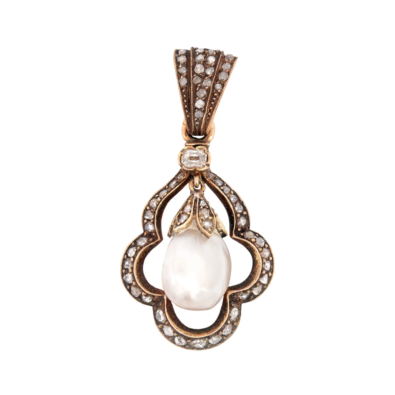 Victorian 14k   Sterling Natural Pearl   Rose Cut Diamond Pendant