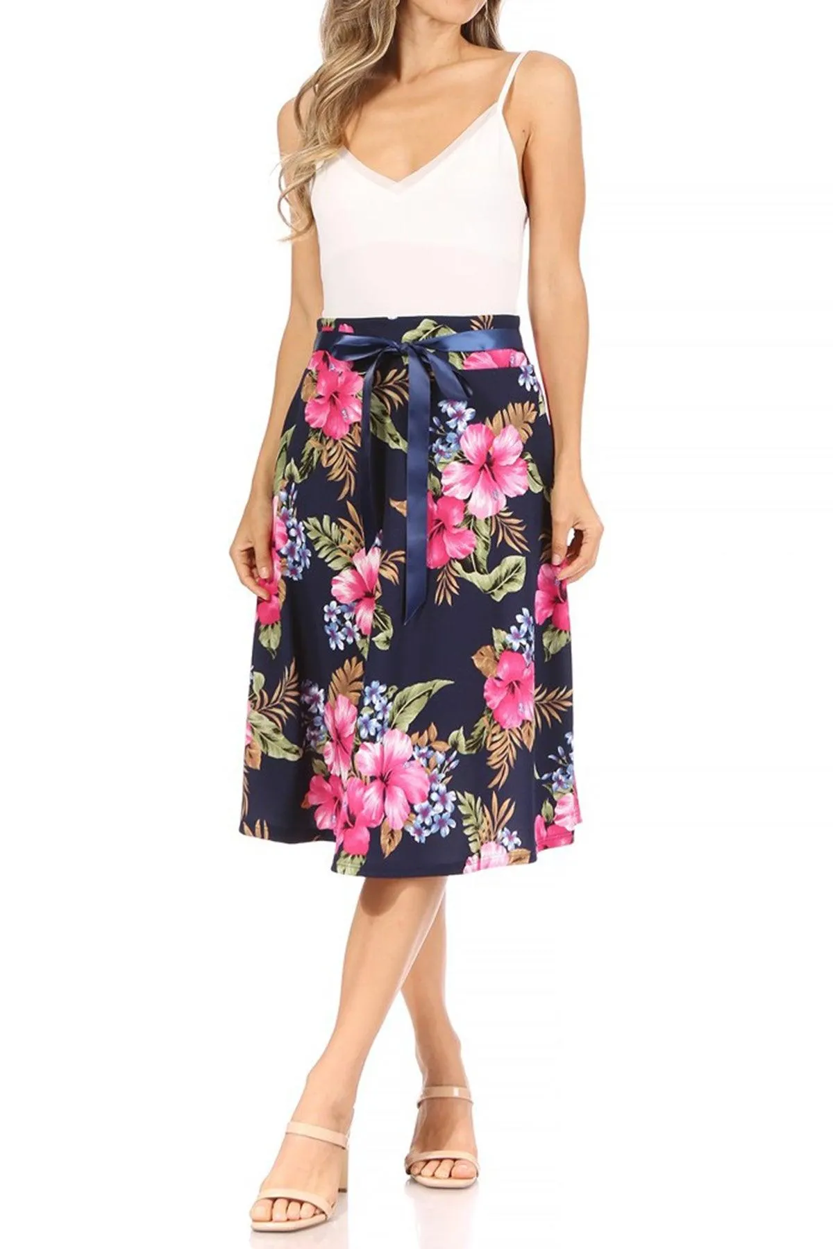 Women's Casual Floral A-line Printed High Waist Bow Tie Belted Knee Length Midi Skirt