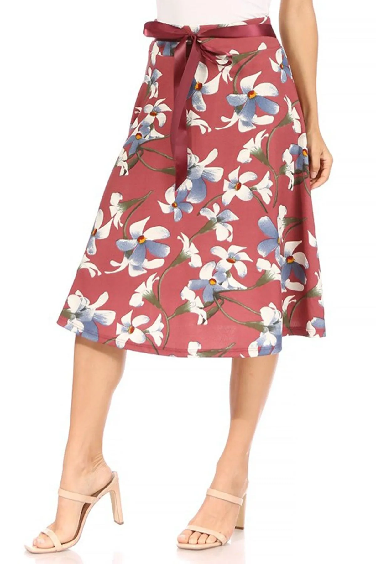 Women's Casual Floral A-line Printed High Waist Bow Tie Belted Knee Length Midi Skirt