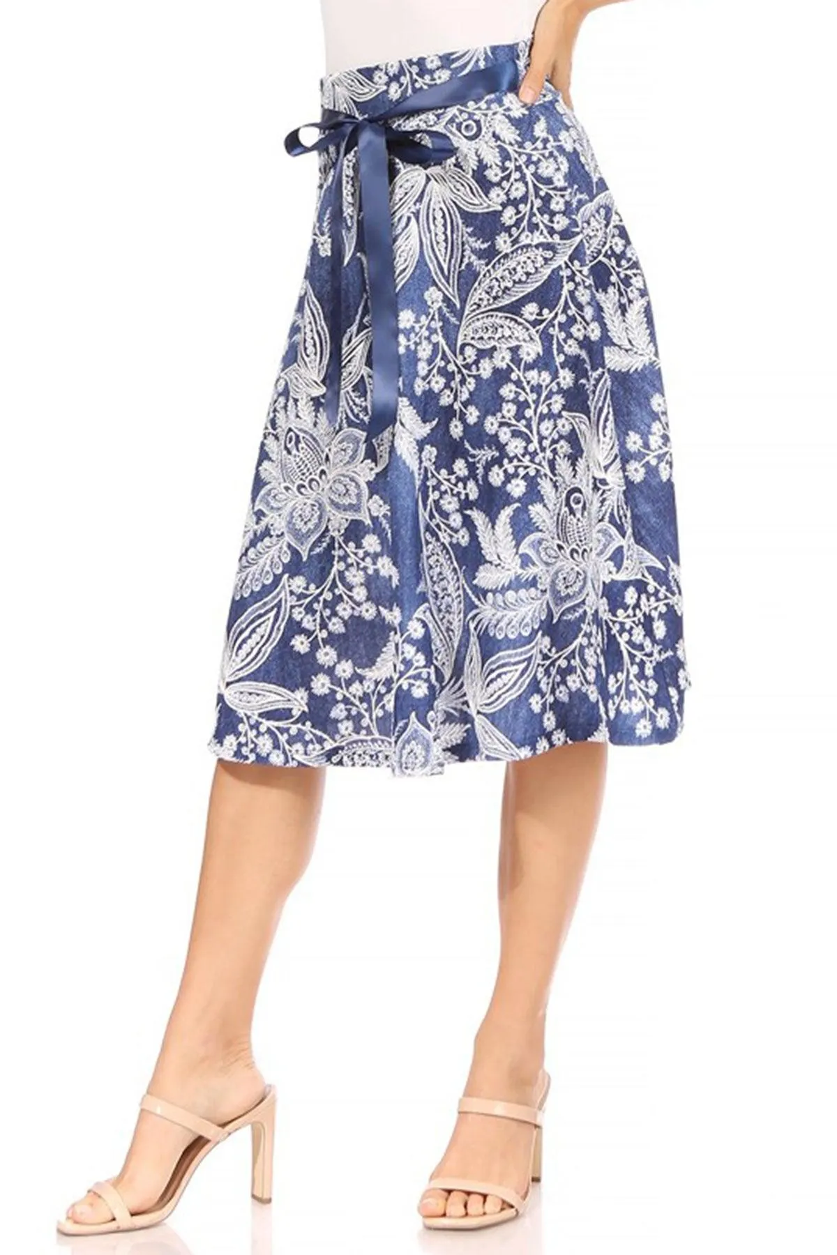 Women's Casual Floral A-line Printed High Waist Bow Tie Belted Knee Length Midi Skirt