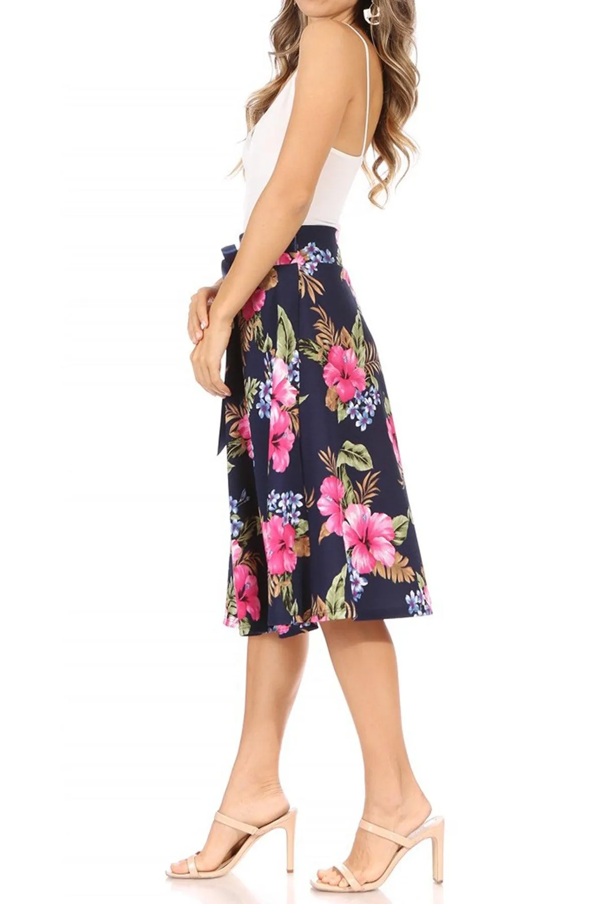 Women's Casual Floral A-line Printed High Waist Bow Tie Belted Knee Length Midi Skirt