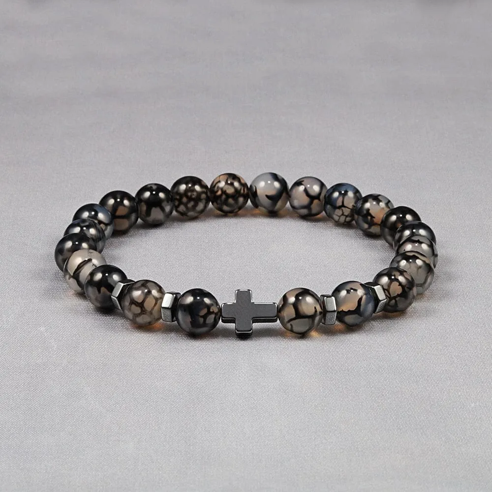 WWJD Energy Tiger Eye Stone Black Lava Cross Beads Bracelet