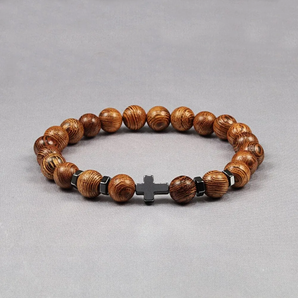 WWJD Energy Tiger Eye Stone Black Lava Cross Beads Bracelet