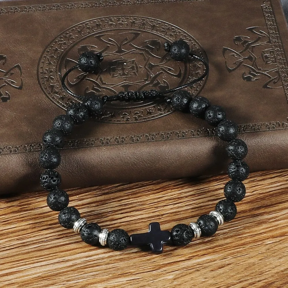 WWJD Energy Tiger Eye Stone Black Lava Cross Beads Bracelet