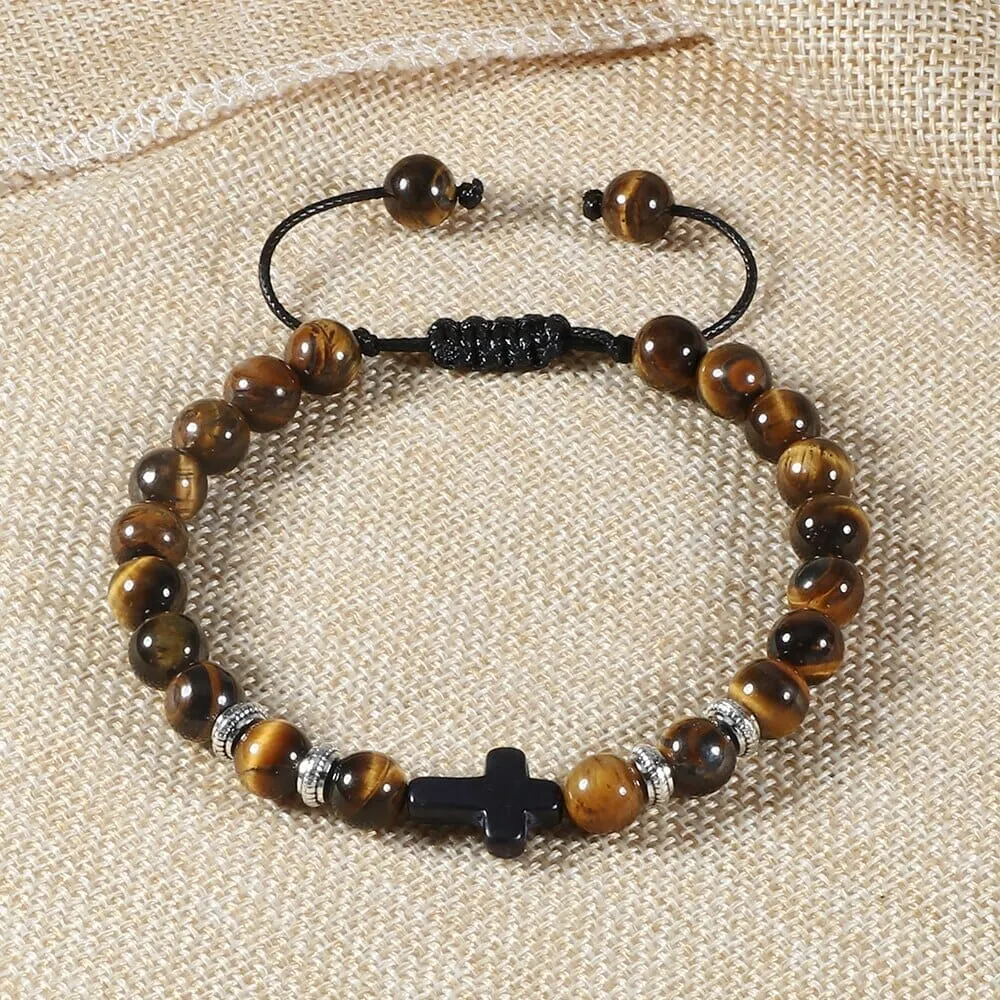 WWJD Energy Tiger Eye Stone Black Lava Cross Beads Bracelet