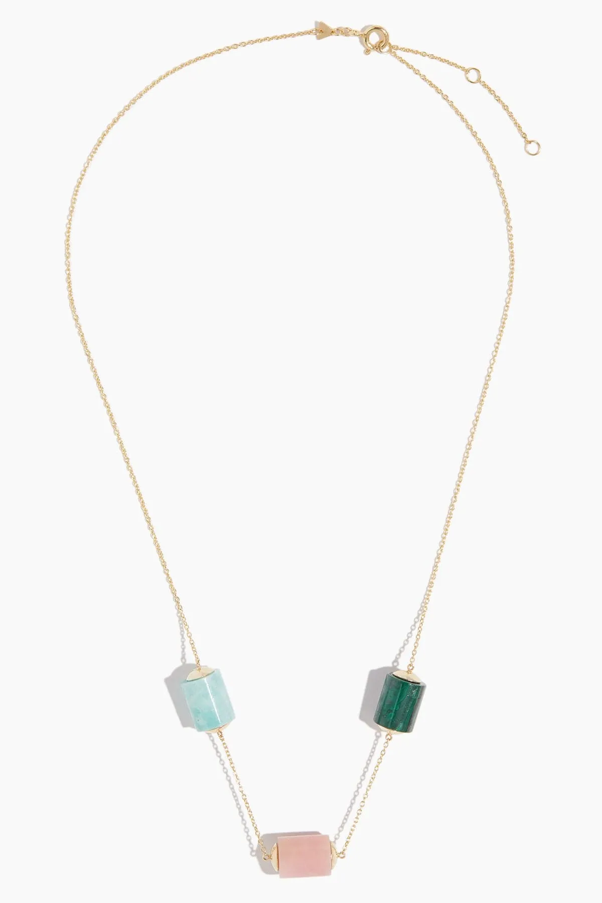 Yellow Gold Deco Cilindro Trio Necklace in Amazonite/Pink Opal/Malachite